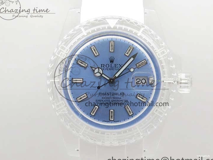 KZF Best Transparent on Phantomlab Rubber Edition VR3135 Dial Blue Light Strap White Submariner 0219